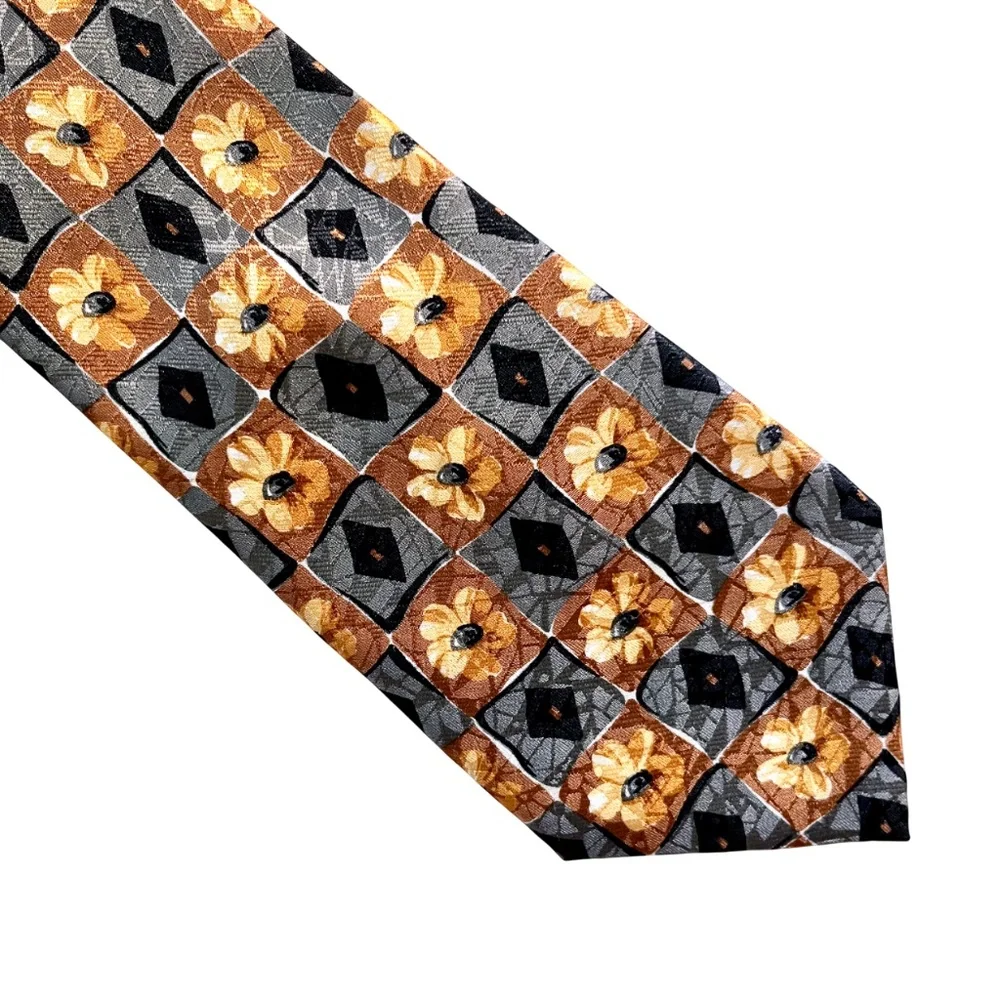 Lanvin Floral Checker Patterned Printed Copper Brown Grey 100% Silk Tie